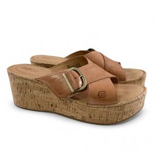 Born Devona Crisscross Buckle Platform Wedge Sandals Tan Leather Size 10M
